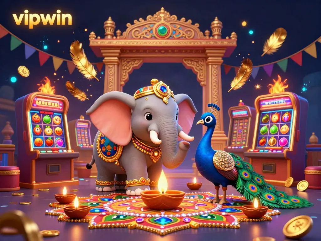 Engage in thrilling casino excitement with vipwin's vibrant 3D elephant and peacock illustration.