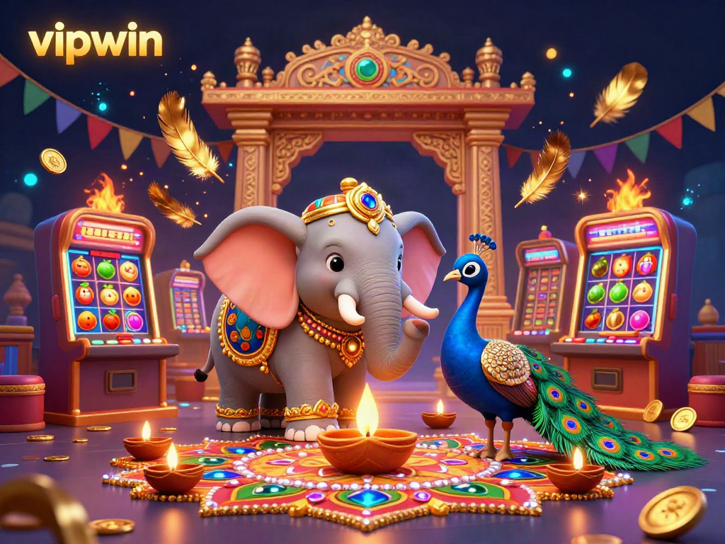 Engage in thrilling casino excitement with vipwin's vibrant 3D elephant and peacock illustration.