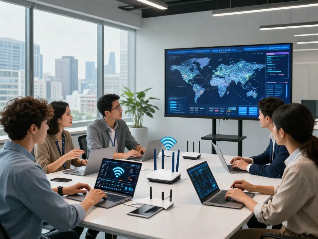 Penggunaan wifi4d di ruang kerja modern dengan profesional mengkaji inovasi teknologi.