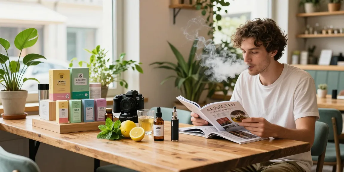 Can you vape in Cyprus? Enjoying a natural wellness moment with CBD oil and vaping device in a café.