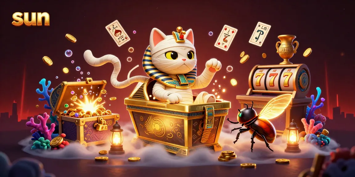 Engage in vibrant casino action with the sun-themed mummy cat and glowing features.