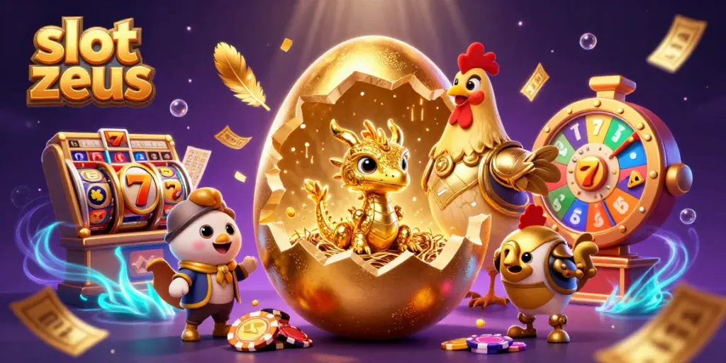 Permainan slot zeus yang menampilkan naga emas berkilau di tengah tumpukan chip poker.