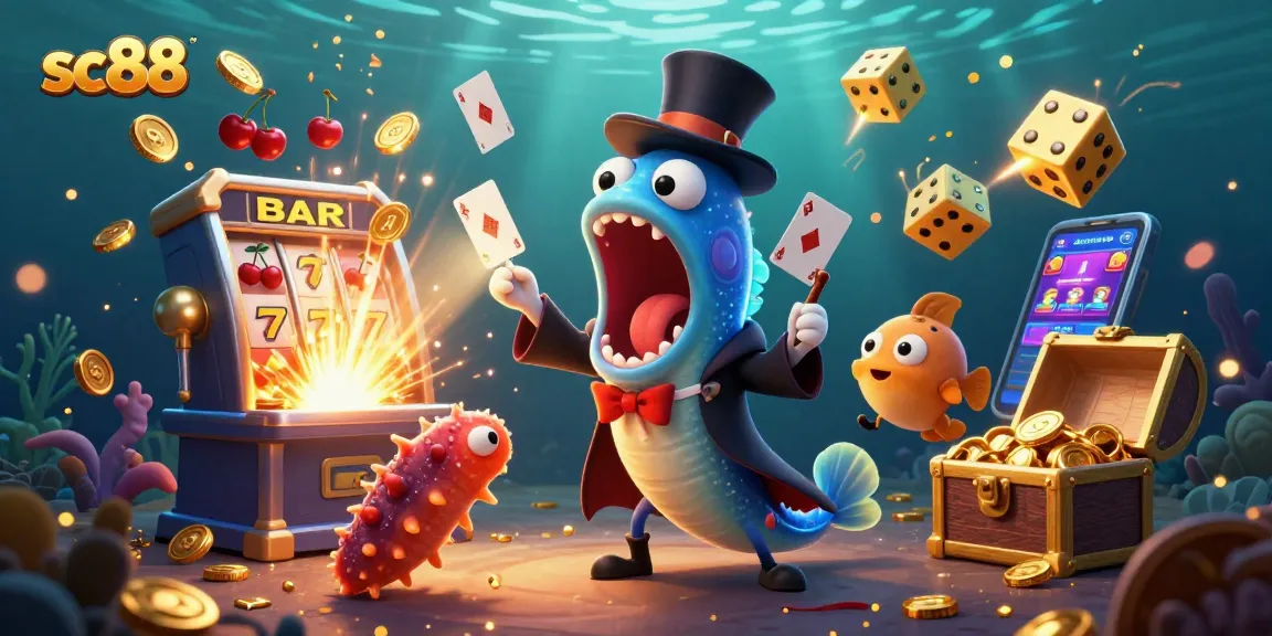 Experience sc88 excitement with vibrant casino characters in a magical underwater scene filled with winning treasures.