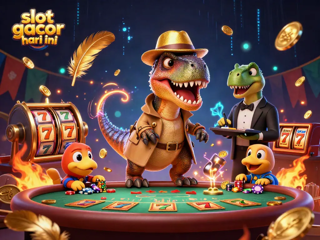 Melihat slot gacor hari ini dengan velociraptor di meja blackjack yang dikelilingi koin emas.