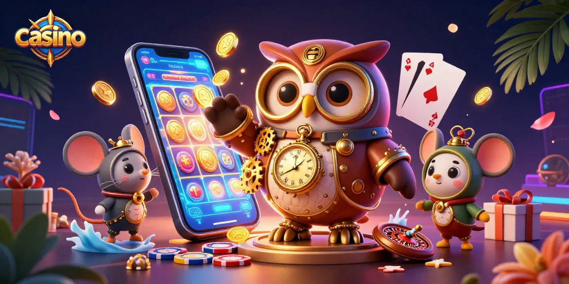 Engage with the immersive casino experience as the owl time-traveler spins slot games.