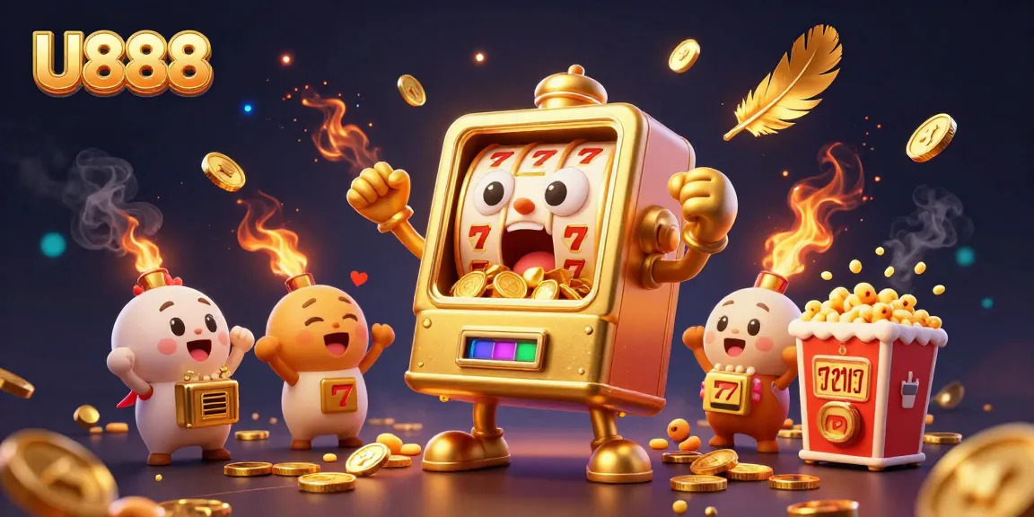 U888 slot machine hits jackpot, bursting coins in an exciting casino scene with golden effects.