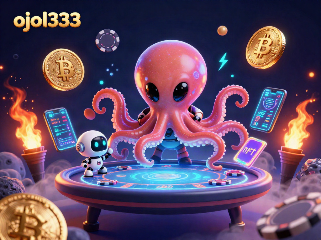 Win big at ojol333 with a vibrant 3D illustration of an alien octopus playing poker.