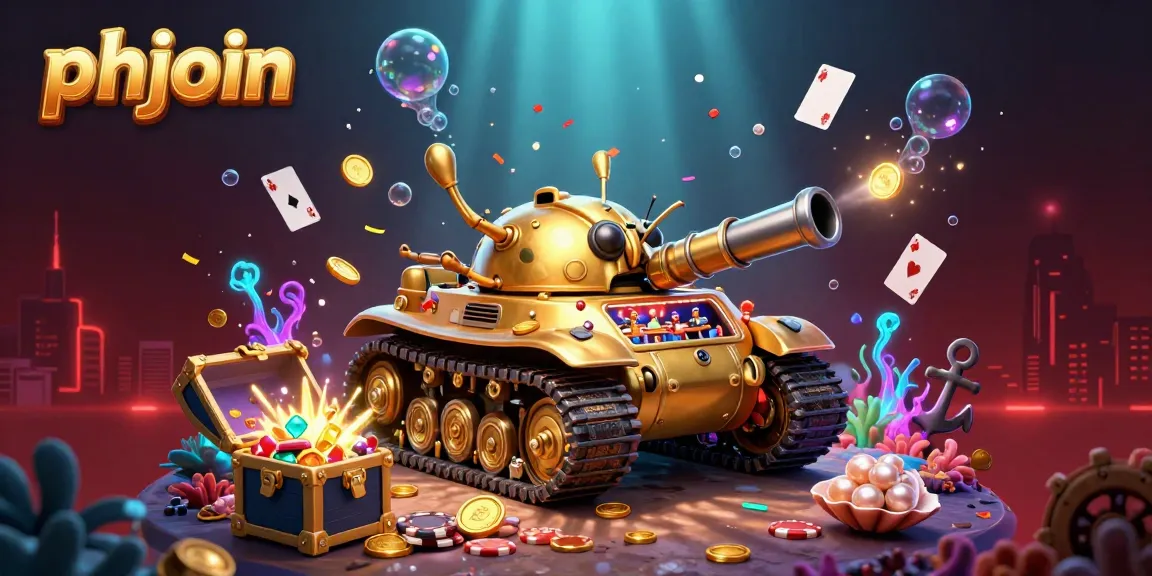 Experience the thrill at phjoin with exciting mini casino within a golden beetle tank, shooting confetti and coins.