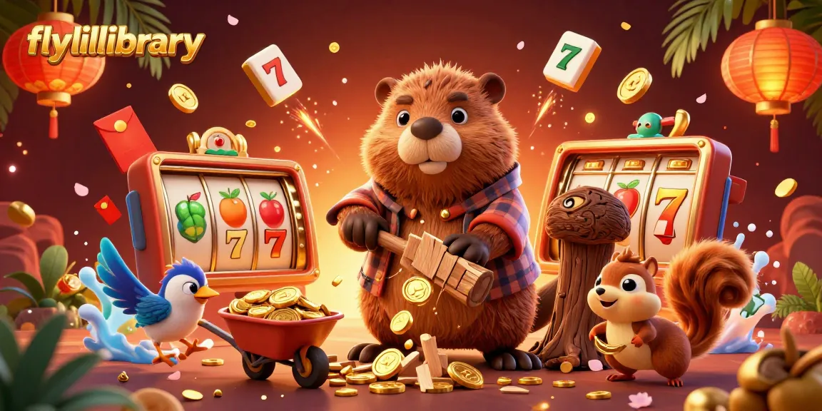 Flylillibrary menghadirkan beaver pemotong kayu yang menghasilkan koin emas dalam suasana kasino.