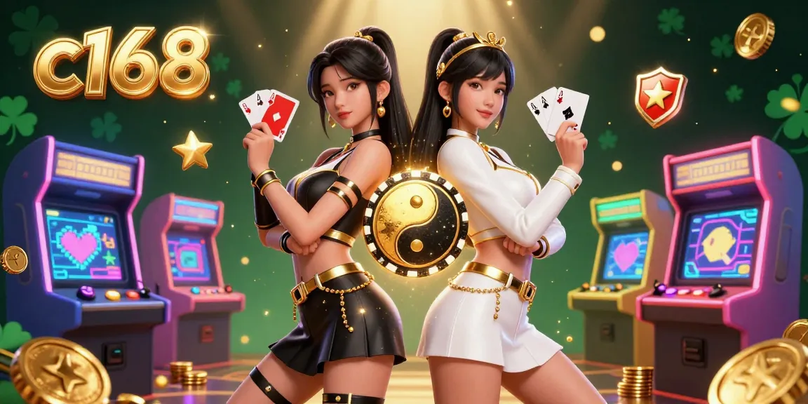 Experience thrilling action at c168 with twin Asian women showcasing their poker skills amidst vibrant casino elements.