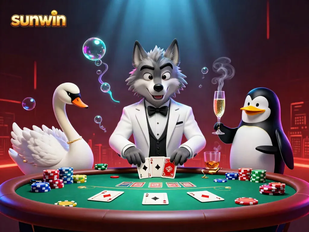 Experience thrilling baccarat action with sunwin's colorful casino scene featuring a wolf, swan, and penguin.