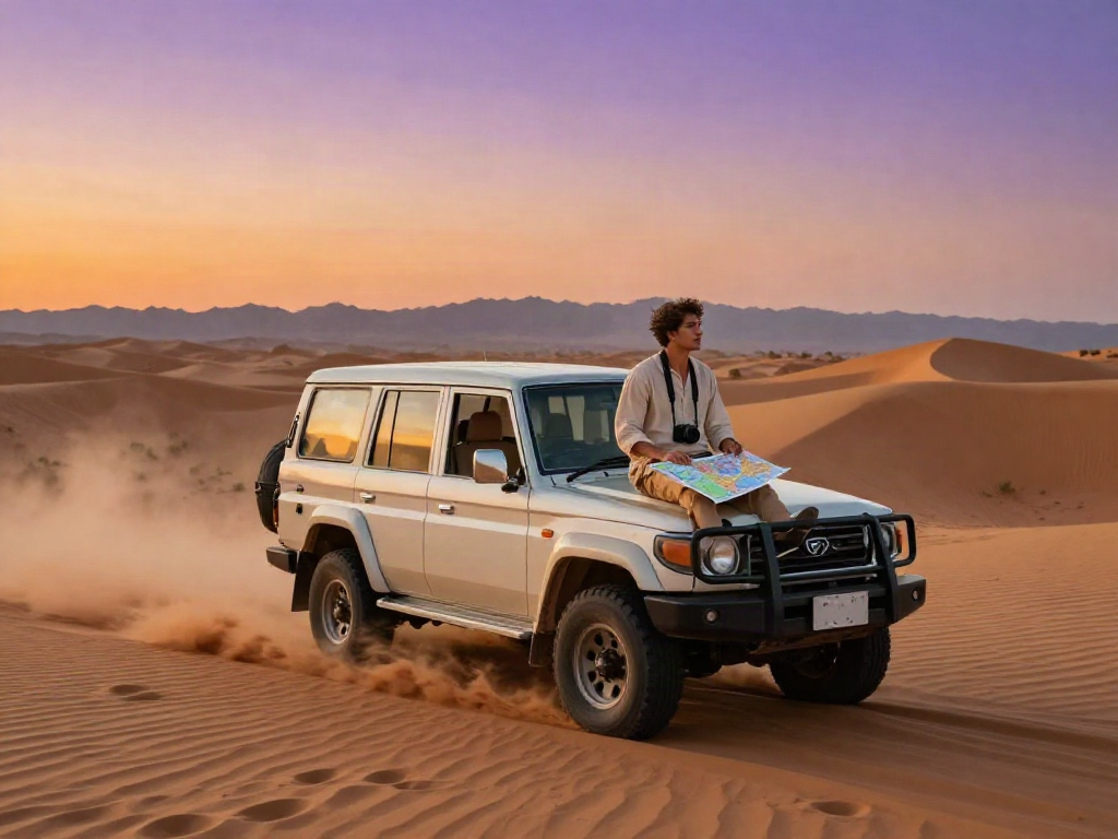 Adventurous traveler in 4x4 during slot gacor desert safari at sunset.