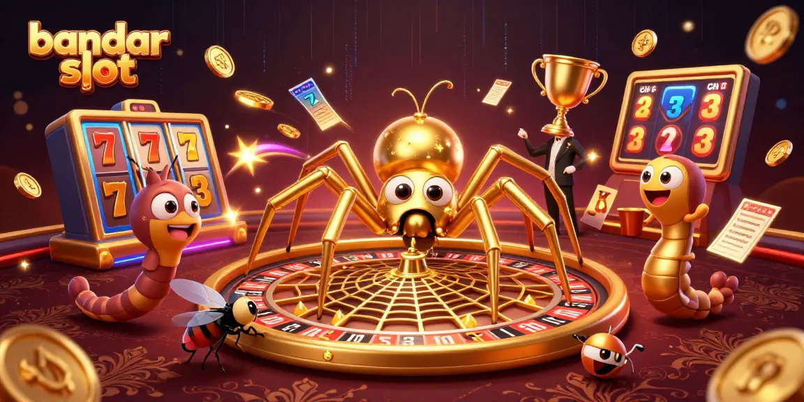 Taruhan di bandar slot dengan ilustrasi jaring roulette dan karakter menarik.