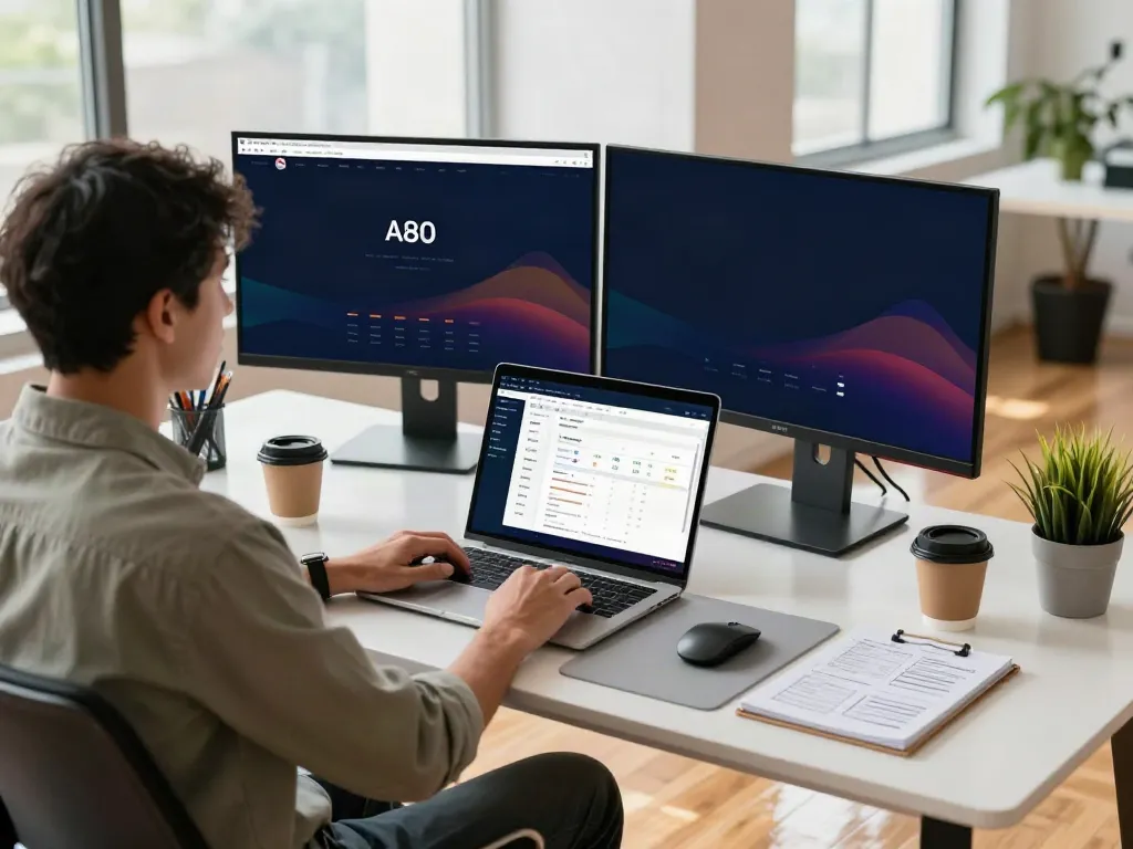 A80 homepage displayed on dual monitors in a modern digital marketing workspace, highlighting professional tools and a creative atmosphere.