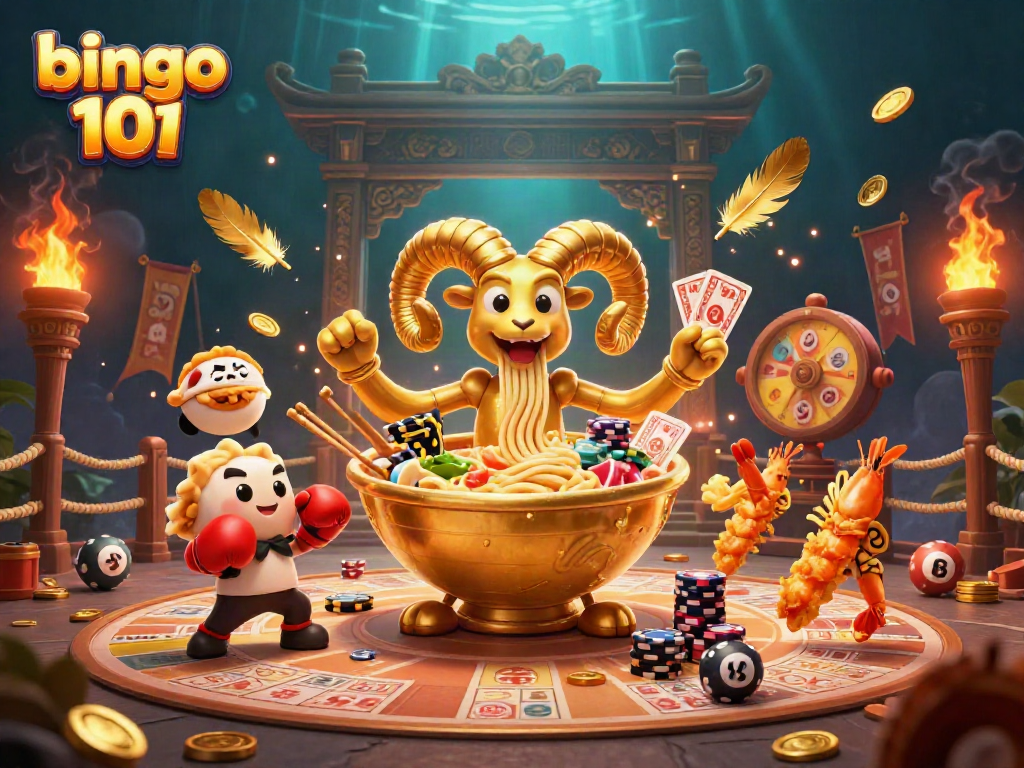 Engaging bingo 101 themed illustration featuring characters in a vibrant casino setting, showcasing lively gameplay.