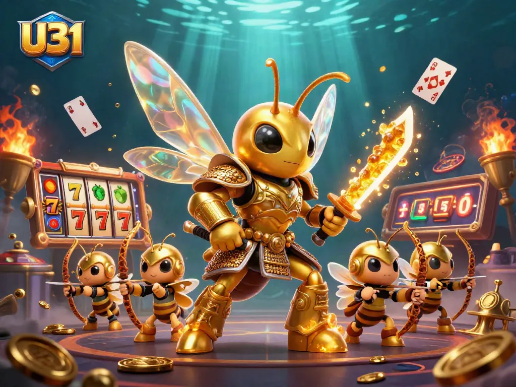 Experience thrilling gameplay with U31's vibrant casino illustration featuring golden symbols and lively characters.