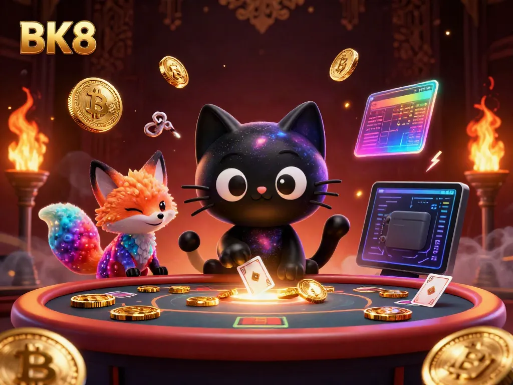 Engage in thrilling games at BK8’s cosmic casino, featuring cats and foxes amidst colorful crypto elements.