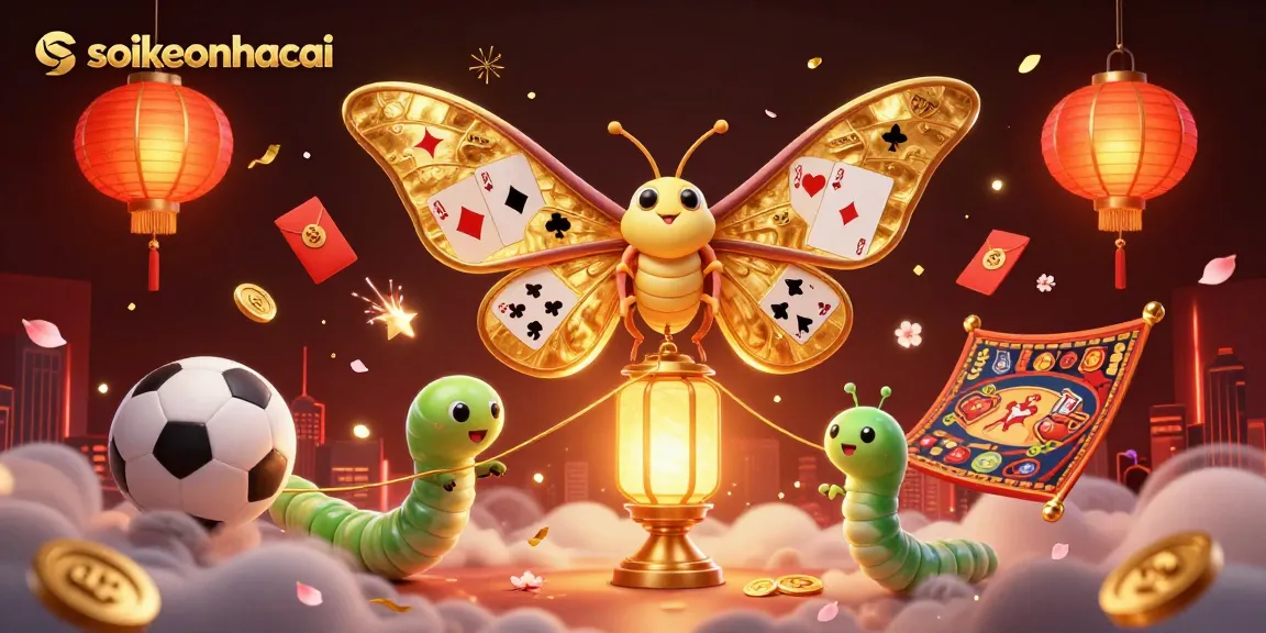 Engage with soikeonhacai through a vibrant 3D sports betting scene featuring a golden atlas moth.