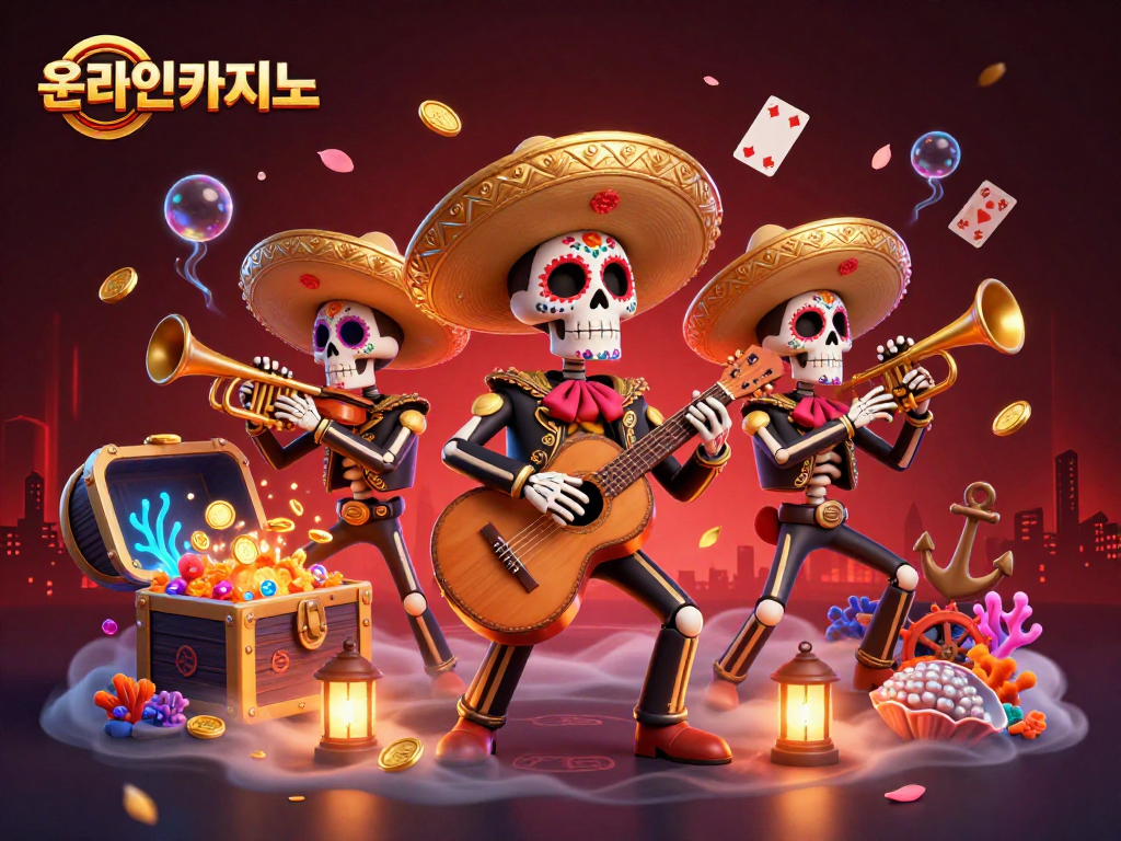 온라인카지노 슬롯 게임을 즐기는 화려한 마리아치 밴드의 모습과 보물 상자