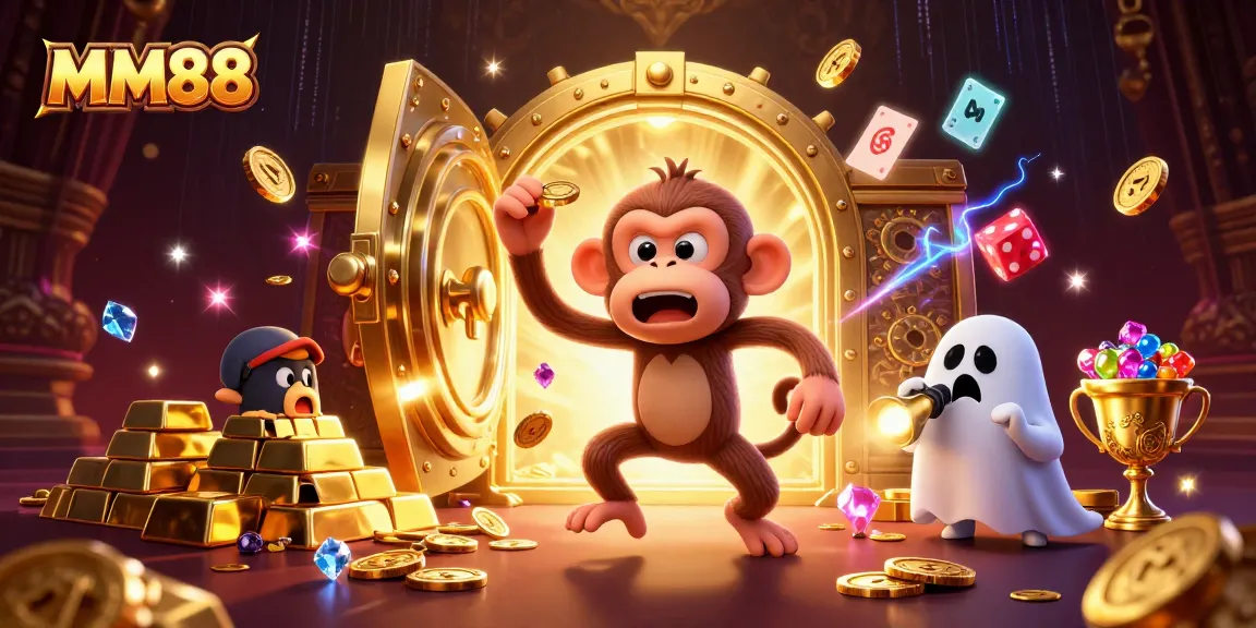 Juggle golden coins and chips with MM88 in a haunted casino illustration.