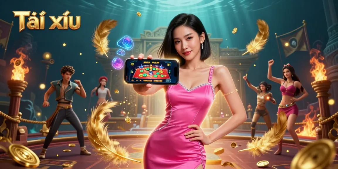 Tài xỉu player winning with a smartphone in a colorful casino setting surrounded by dynamic gaming elements
