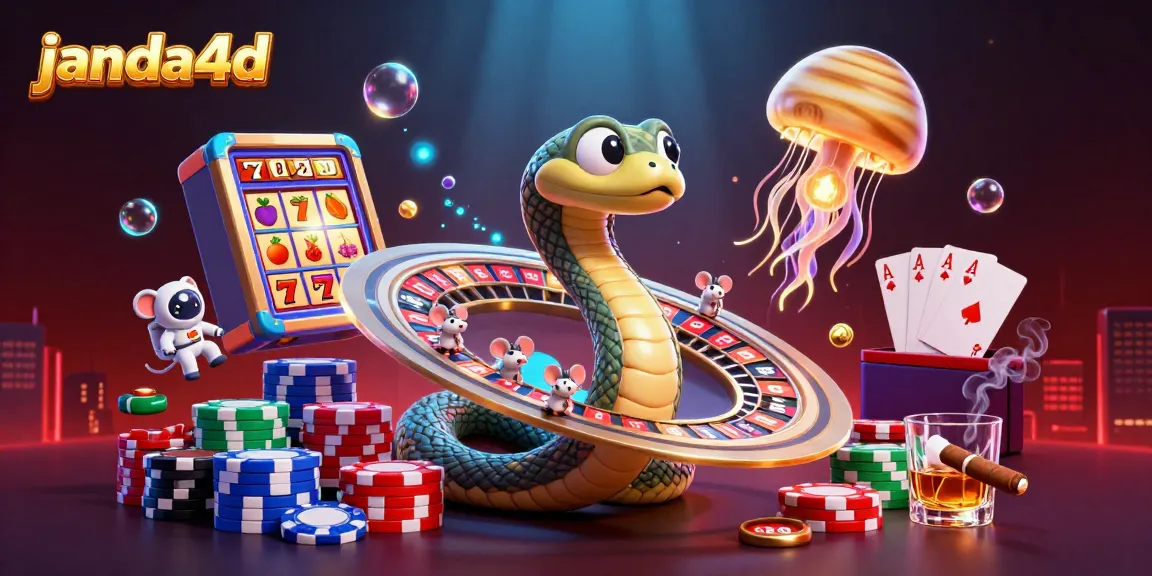 Gambar ilustrasi 3D janda4d menunjukkan ular Saturnus berputar sebagai roda roulette dengan simbol slot yang cerah.