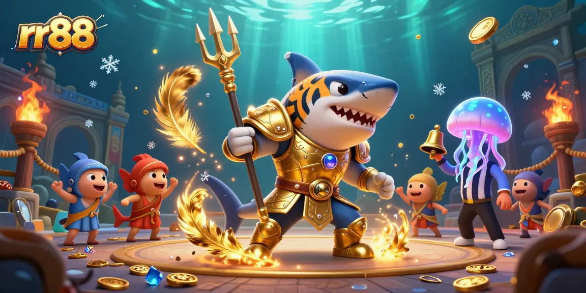 Join the rr88 gaming arena featuring a fierce shark gladiator in a vibrant underwater scene.