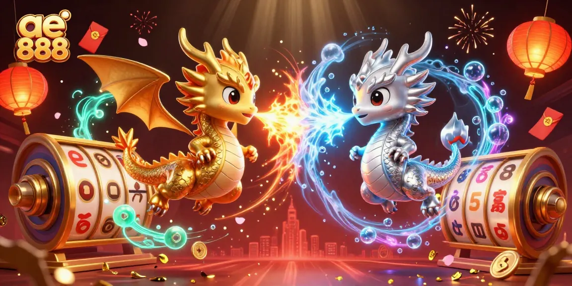 A dynamic scene featuring ae 888 with gold and silver dragons playing amidst slot reels and glowing lanterns.