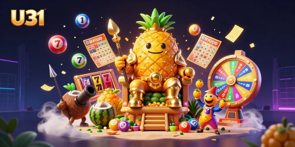 Experience U31’s dynamic casino scene with a golden pineapple king, vibrant slot reels, and lottery extravaganza.