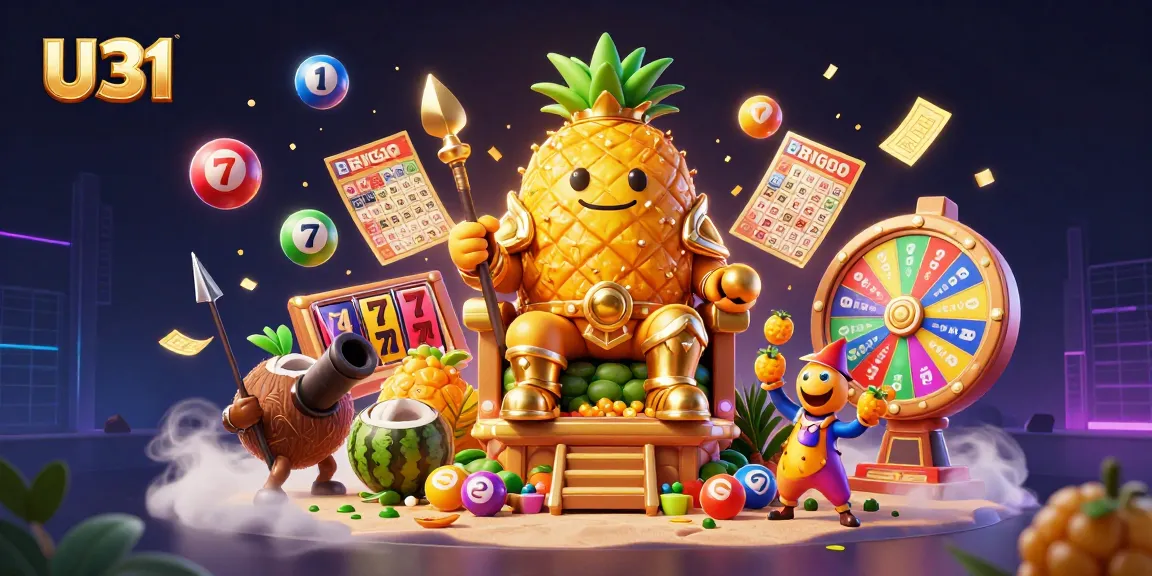 Experience U31’s dynamic casino scene with a golden pineapple king, vibrant slot reels, and lottery extravaganza.
