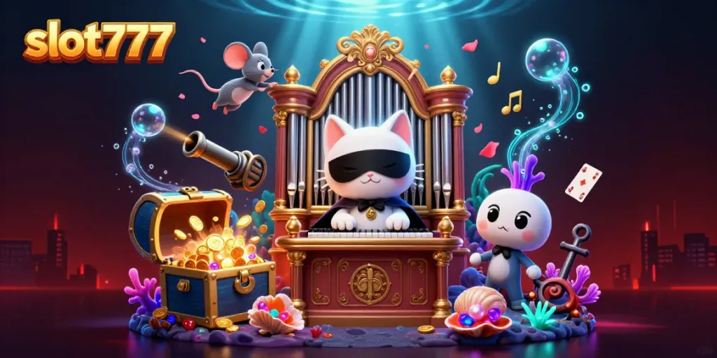 Permainan slot777 yang mengagumkan dengan kucing phantom dan elemen kejutan lainnya di latar belakang kasino.