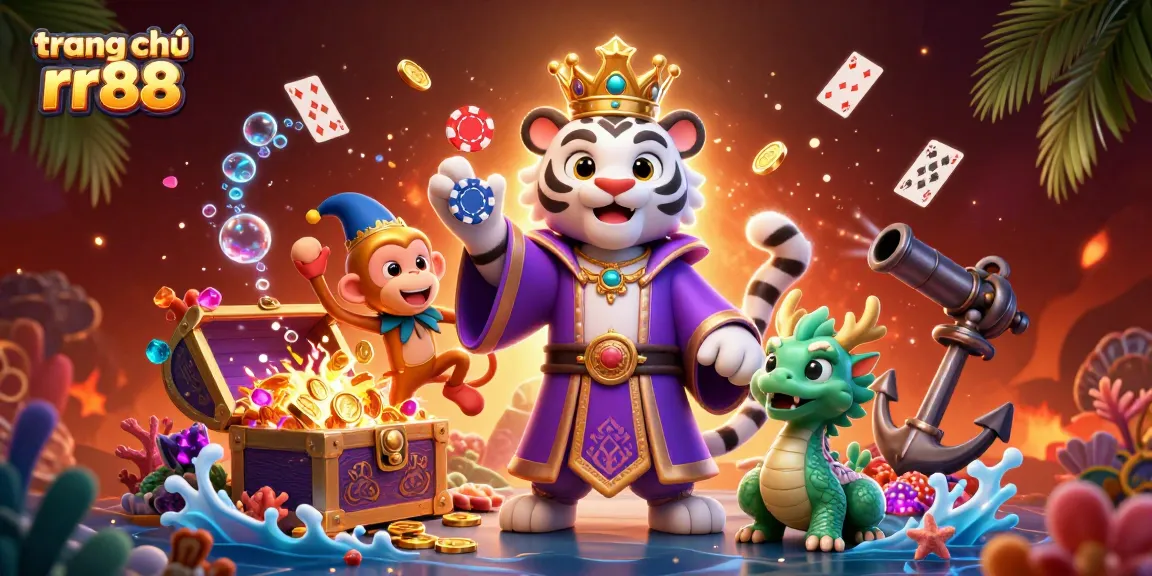 Engage in thrilling gaming at trang chủ rr88 with an elegant tiger and playful monkey surrounded by casino elements.