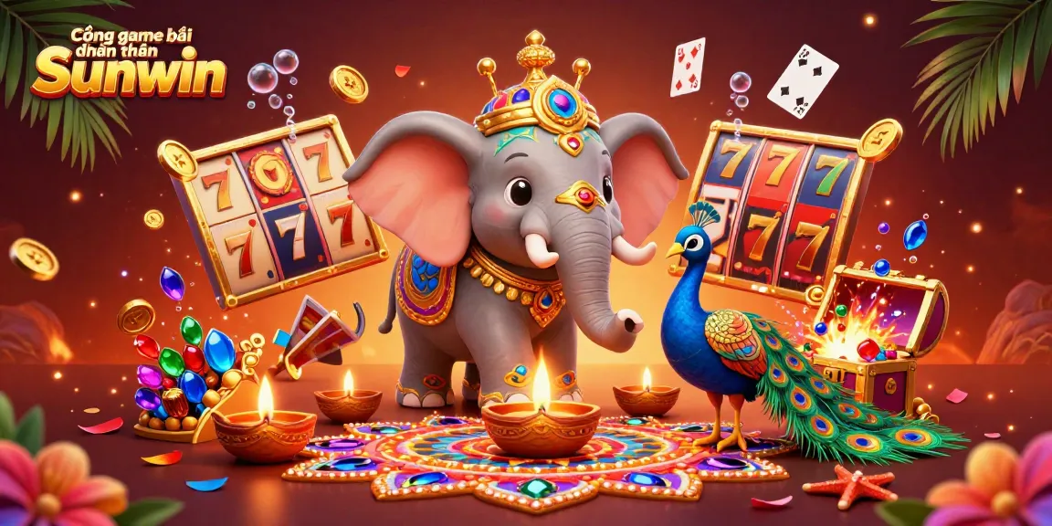 Cổng game bài đổi thưởng Sunwin showcases vibrant casino elements, featuring cartoon elephant and peacock amidst rich gaming motifs.