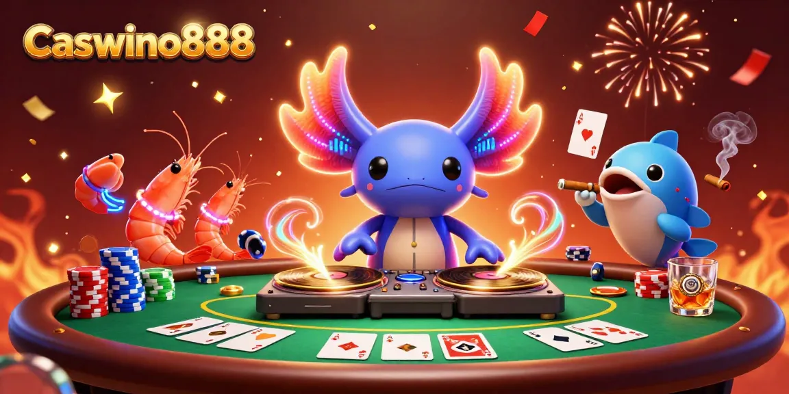 Experience the excitement of Caswino888 with a vibrant 3D casino scene featuring a DJ, poker elements, and festive bursts.