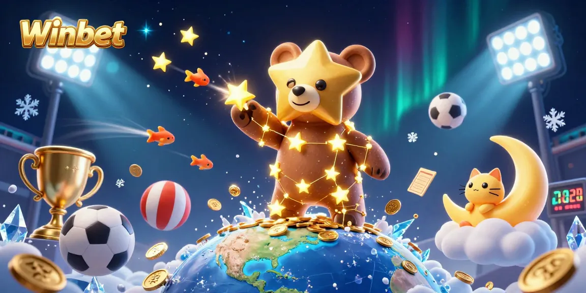 Winbet's dynamic atmosphere captured with a celestial bear, sports elements, and rich details