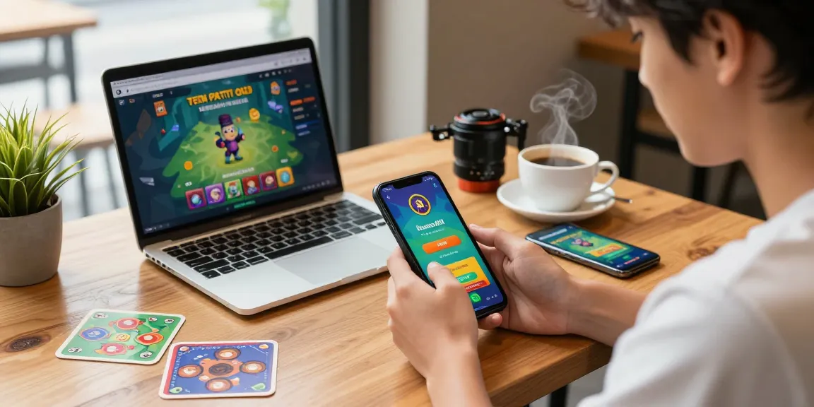 Install Teen Patti Gold APK on Android device at café, showcasing community engagement and vibrant game graphics.