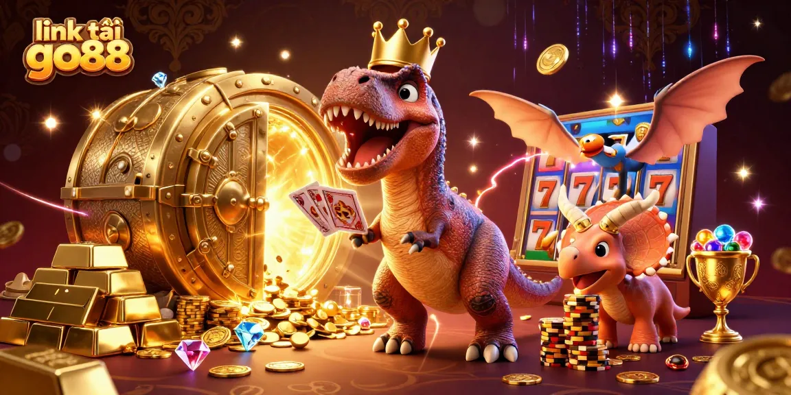 Engage with the vibrant link tải go88 scene featuring T-Rex shuffling cards amidst slots and treasures.