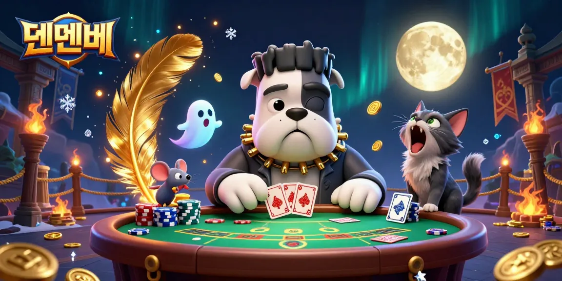 Engaging gambling scene with 텐텐벳 characters playing cards at a spooky table, showcasing Baccarat excitement.