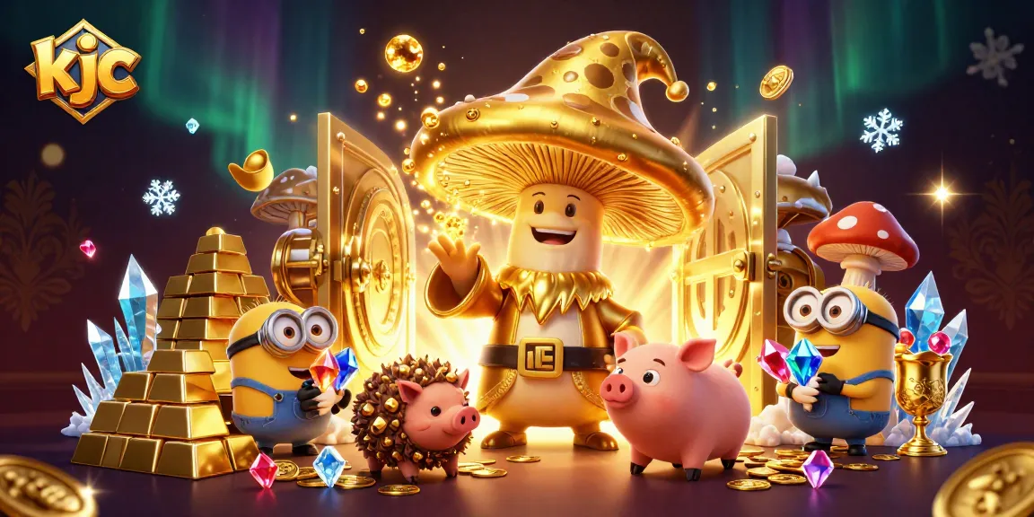 KJC's vibrant scene where a golden wizard and friends unlock treasure in an exhilarating online casino.
