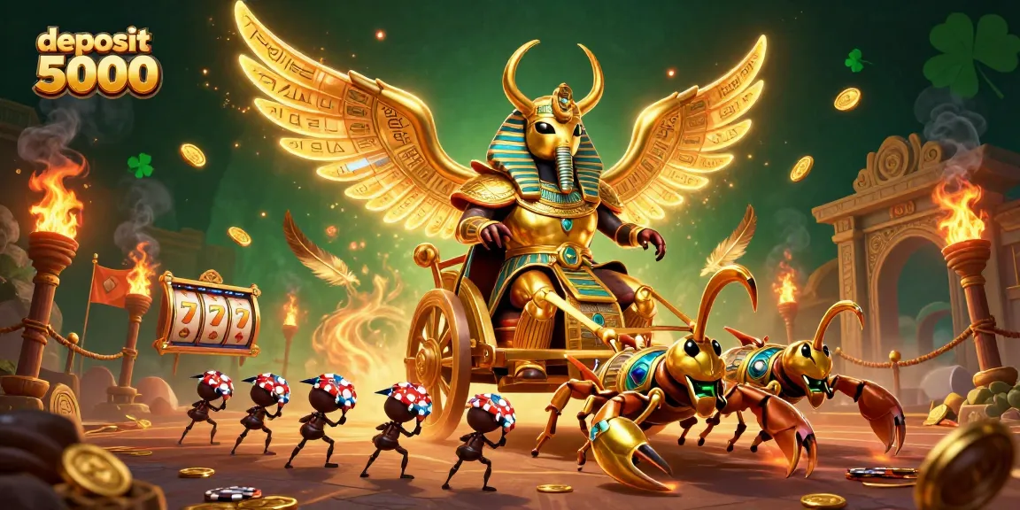 Engage in thrilling gameplay with deposit 5000 options, witnessing the majestic beetle chariot amidst vivid casino elements.