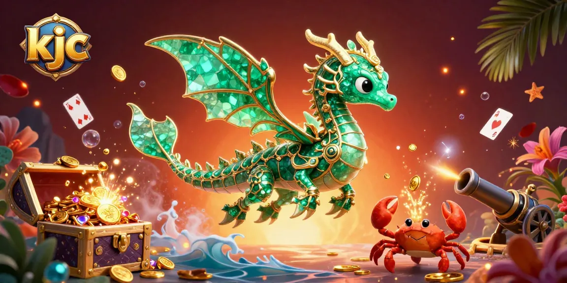 Play and win at KJC with an elegant sea dragon guarding treasure and vibrant casino elements.