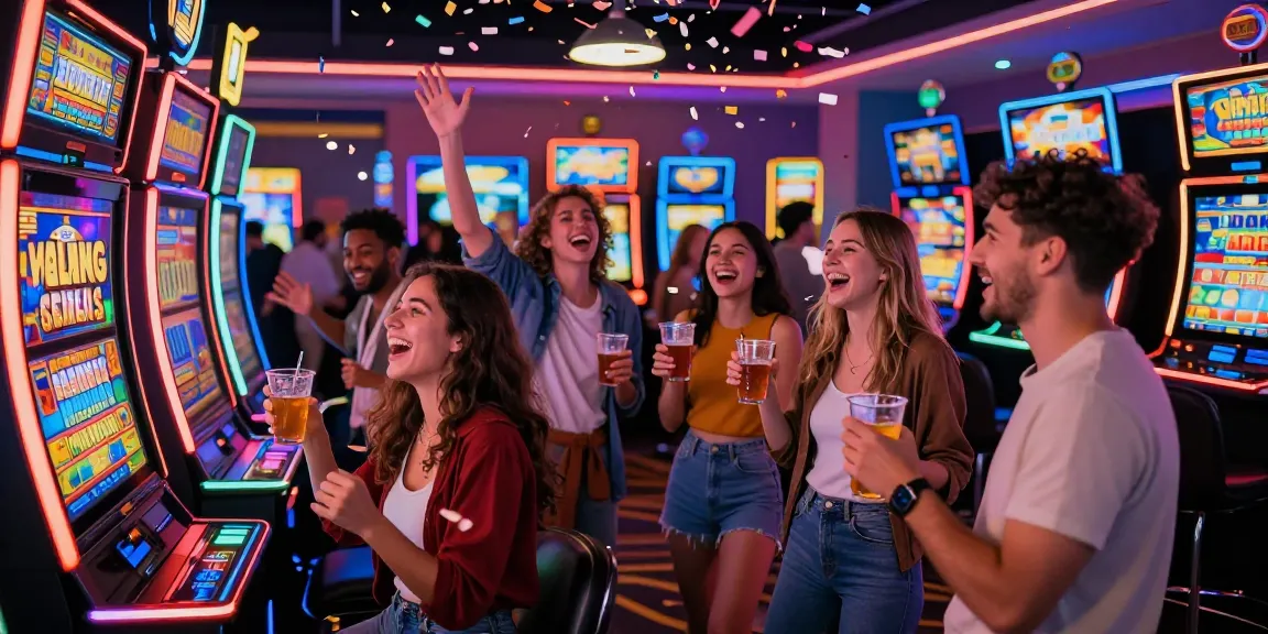 Kelompok teman merayakan kemenangan besar pada mesin slot jackpot di kasino yang penuh warna.