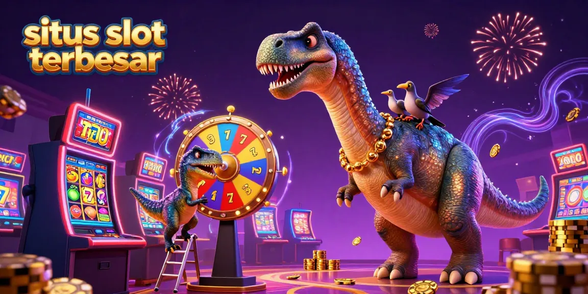 Gandakan peluang menang di situs slot terbesar dengan ilustrasi humor yang menampilkan karakter kartun dinosaur.