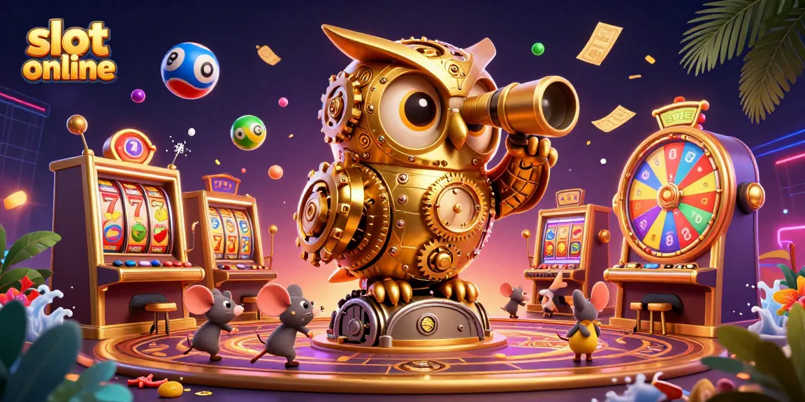 Permainan slot online yang meriah dengan karakter burung hantu emas dan tikus berang-berang di mesin slot, dikelilingi oleh bola lotere berwarna.