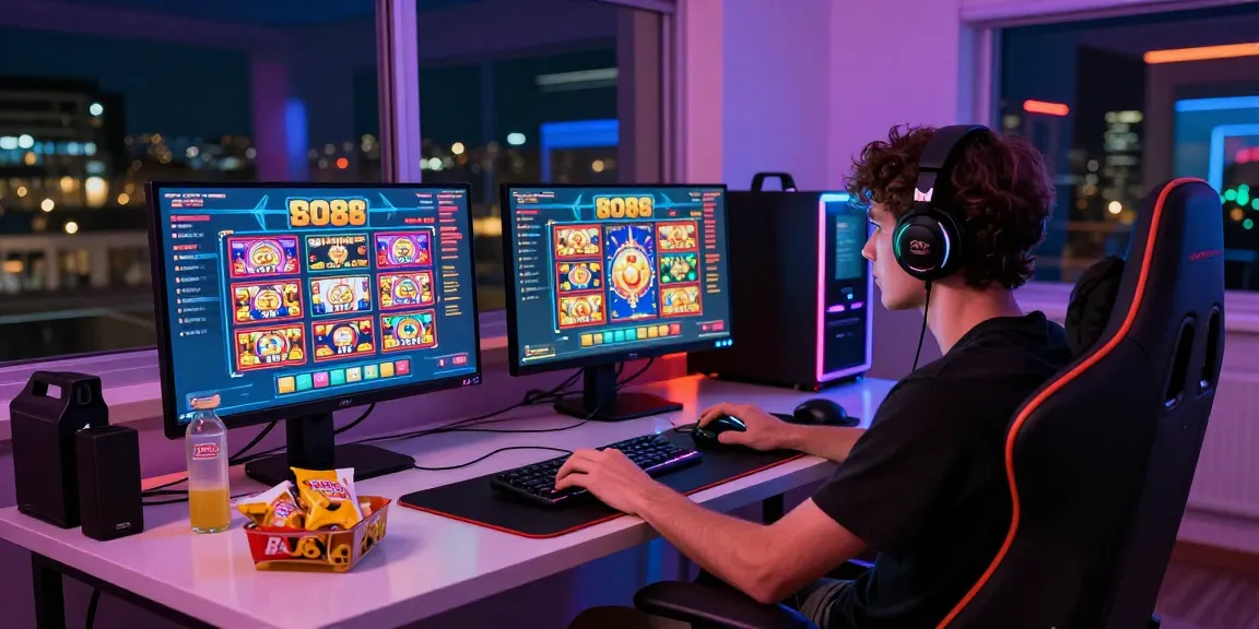 Pengguna bermain slot88 dengan aksesori gaming modern dan pencahayaan RGB yang menyenangkan.