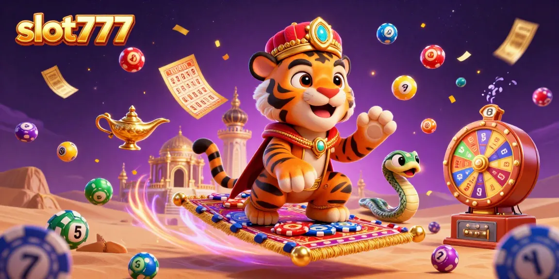 Experience thrilling games at slot777 with vibrant illustrations of a tiger sultan and lucky symbols.